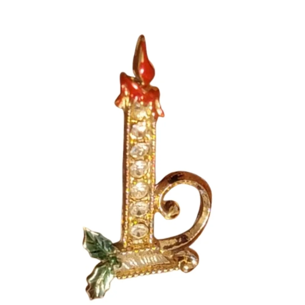 Vintage Rhinestone Christmas Candle Brooch Gold Tone Holly Candlestick Pin